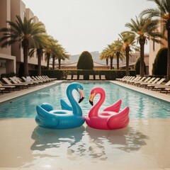 Obraz premium Luxury resort swimming pool featuring colorful inflatable swan floats drifting in clear water for summer vacation travel marketing and high-end leisure lifestyle advertising