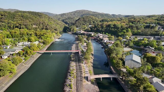Uji Japan aerial view on sunny day with river, temples and urban landscape