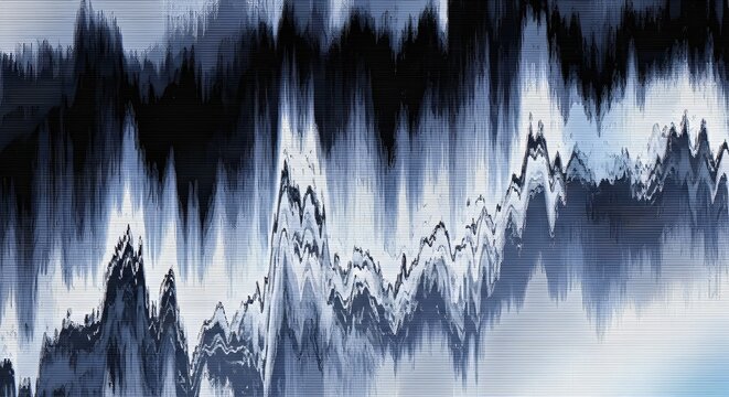 Abstract digital waveform displaying blue and white peaks. Sound frequency visualization and corrupted data glitch effects. Computer screen showing dynamic audio equalizer mountain ranges.