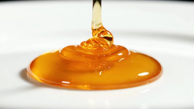 Honey softly flows onto plate. Resplendent honey cascades smoothly onto clean white dish. Lustrous amber syrup gently streams onto untouched white porcelain plate creating mesmerizing visual effect