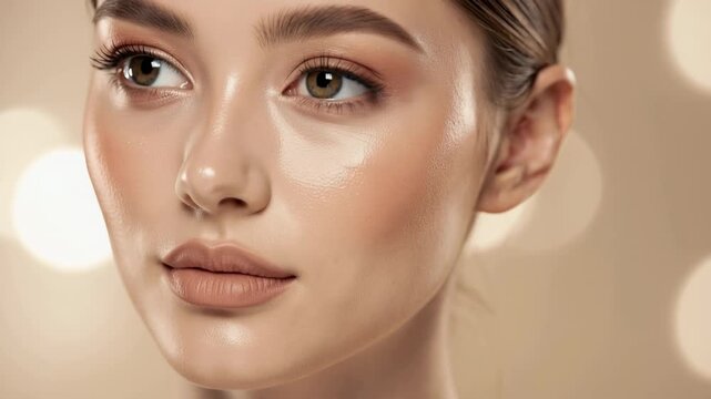 Close up portrait of woman with glowing flawless skin and natural makeup highlighting smooth healthy complexion
