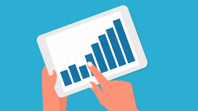 Animation of a hand holding a tablet displaying a business growth chart. Perfect for analytics, finance, digital marketing, data reporting, and business technology concepts.