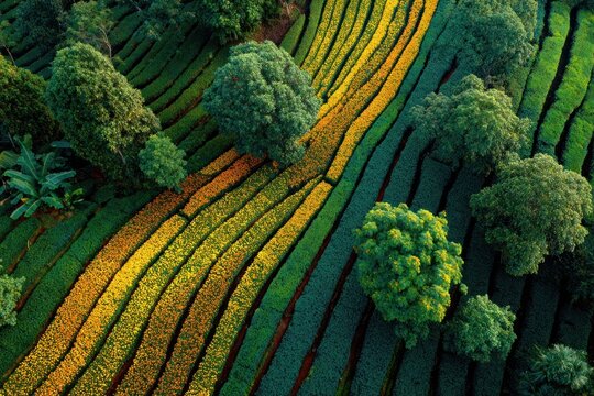 Aerial View of Vibrant Terraced Farm with Colorful Crops and Lush Tree