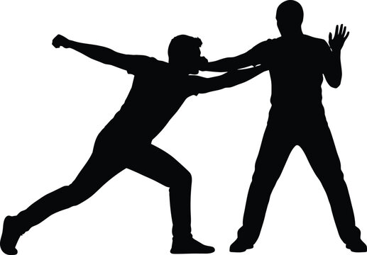 Two men in a fighting stance with arms extended horizontally