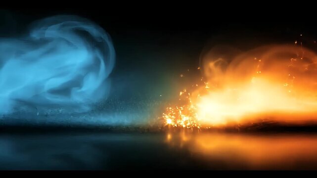 A striking visual contrast depicts a vibrant blue flame on the left side and a fiery orange explosion on the right, set against a stark black background.