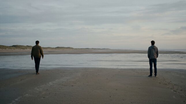 Two men standing apart on vast wet tidal sand beach under cloudy overcast dawn sky
