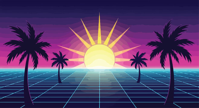 Retro synthwave sunset landscape with palm trees, 80s aesthetic neon grid horizon, vaporwave tropical beach background vector illustration