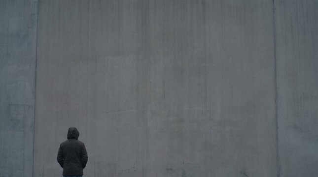 rear view of person facing huge flat concrete surface wall background