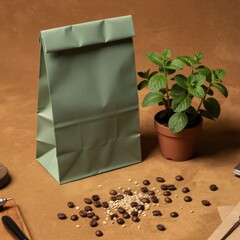 Fototapeta premium Sage green paper bag package stands on a neutral surface with a potted plant and scattered coffee beans for product branding, organic food marketing and cafe retail