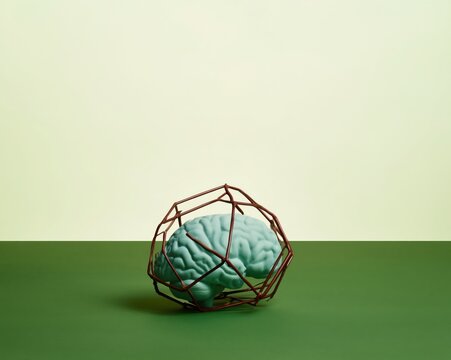 Pale green brain sculpture enclosed in a brown wireframe cage on a dark floor for creative innovation blog header, scientific research and medicine marketing