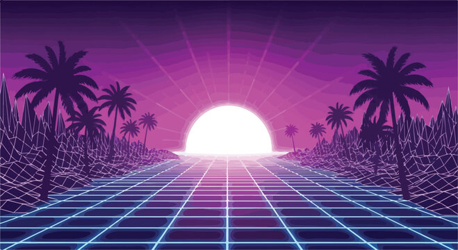 Retro synthwave landscape with neon grid road and palm trees, 80s vaporwave aesthetic sunset background, futuristic digital horizon vector