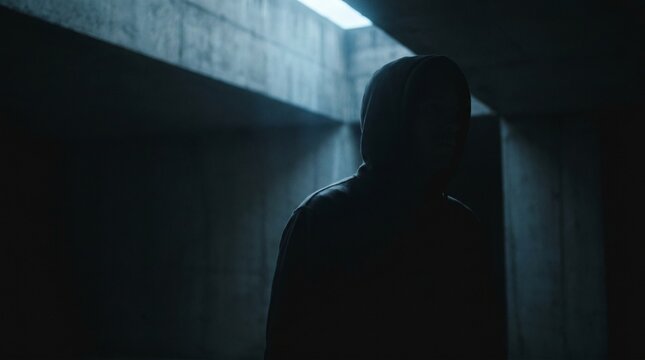 cinematic profile of man in hoodie standing in dark concrete underground bunker