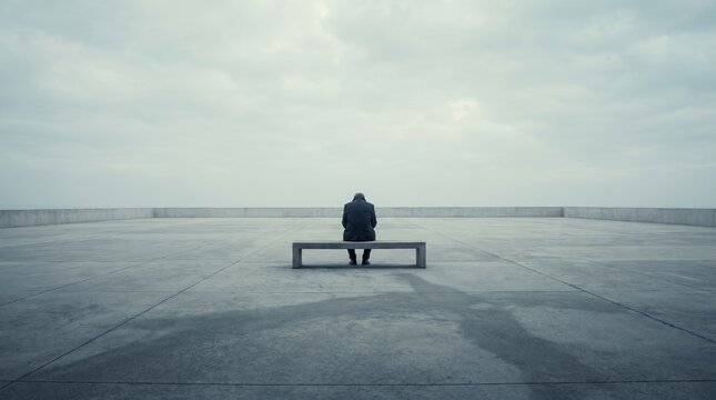 Man sitting alone on bench in middle of large empty concrete square 046