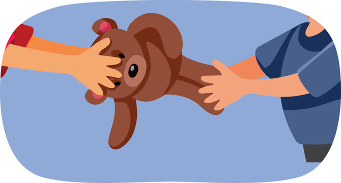 Kids Fighting over a Teddy Bear Toy Vector Illustration. children struggling to pull a plush animal during a tense play conflict