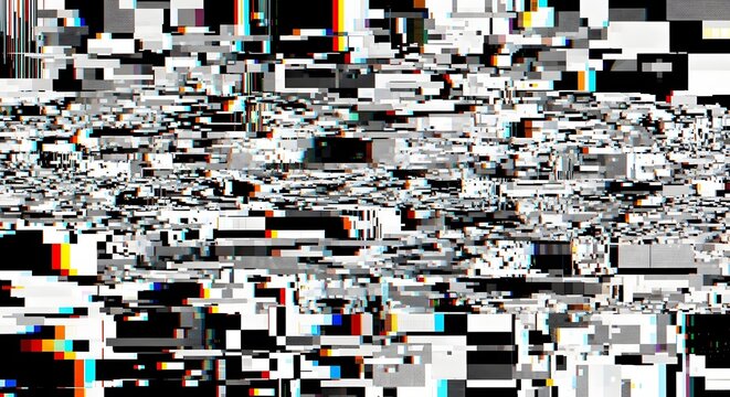 Digital glitch effect and pixelated screen distortion. Network failure and data corruption errors. Broken computer monitor displaying a colorful static noise background