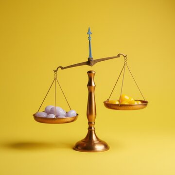 Metallic balance scale with uneven pans on a yellow background for financial ethics articles, legal conceptual imagery and objective analysis with generous copy space