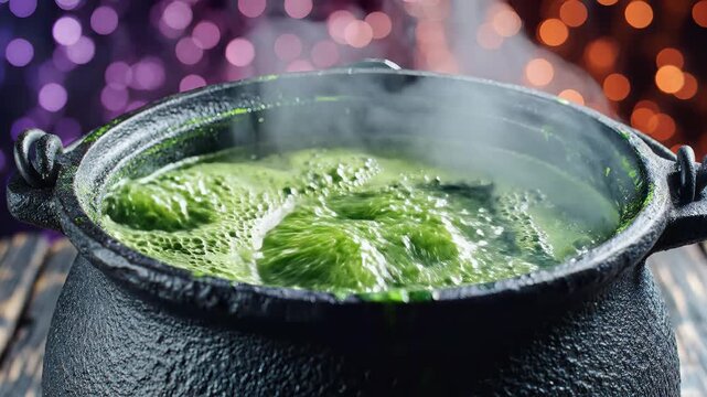 Bubbling green potion in a cauldron on Halloween night.