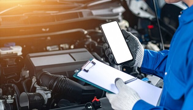 A mechanic expertly diagnoses a car engine using a mobile device and clipboard. Modern technology meets mechanical expertise.