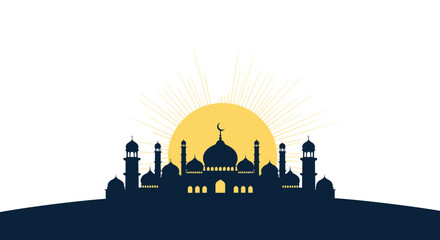 Obraz premium Islamic Mosque Silhouette with Crescent Moon and Sunburst - Ramadan Eid Greeting