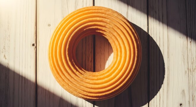 Orange Electrical Wire Coil on Wooden Background with Sunlight