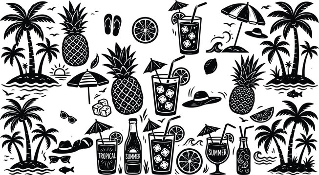 Tropical summer illustration with palm trees pineapples and beach elements