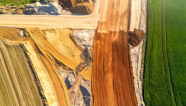 An aerial view of an evolving landscape reveals the transformative power of land management and construction. A dramatic juxtaposition of earth-toned textures.