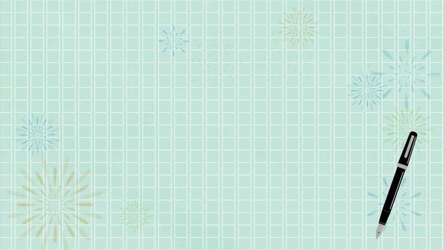夏：打ち上げ花火が動く万年筆と原稿用紙を彩る背景フルフレームイラストビデオ