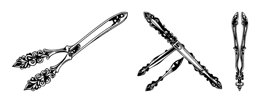Sugar tongs set with ornate silver pattern featuring kitchen utensil, serving ware, tableware with metallic and luxury design