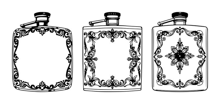 Silvery pocket flask set with black line art illustration on white background, ornate filigree designs featuring black line art, silver metallic, ornate filigree with classic and drinkware