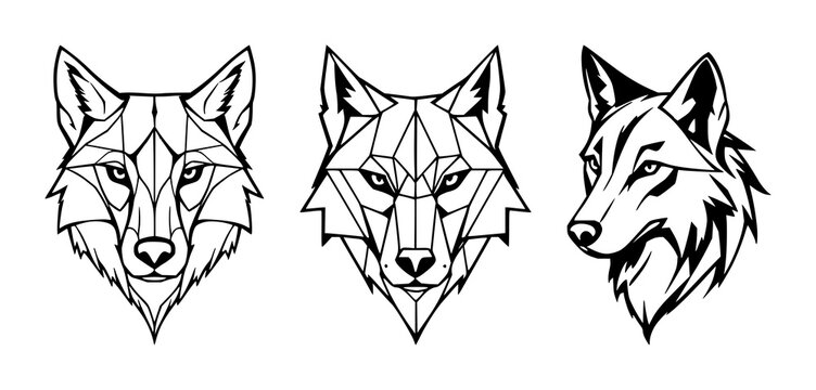 Wolf head set with stylized geometric design featuring low poly, animal, predator with wild and wildlife