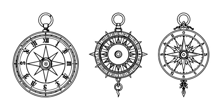 Sun Dial set with intricate black line art on white background featuring ornamental brass dial, stylized sun motifs, celestial numbers and fine gear details with antique and vintage