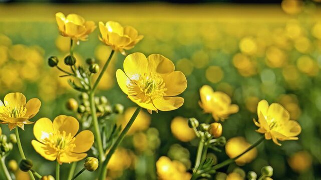 Closeup of vibrant yellow buttercup flowers blooming in a sunlit meadow.