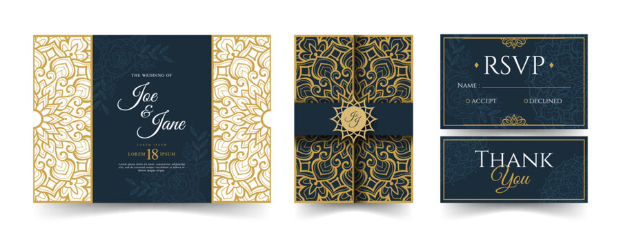 Elegant Wedding Invitation Suite with Gold Floral Designs and RSVP Cards for Modern Ceremony