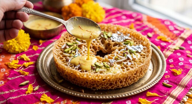 Pouring thick creamy rabdi on traditional Rajasthani malai ghevar for Gangaur festival