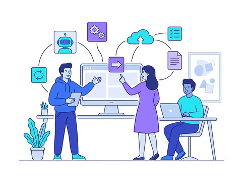 People collaborating on a web development project, suitable for website graphics, technology blogs, software development articles, and teamwork illustrations.