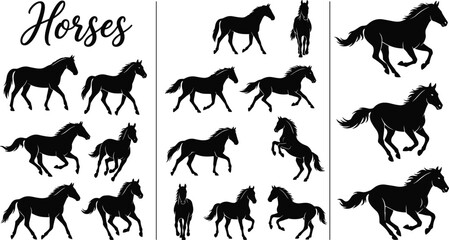 Horse silhouettes collection walking trotting galloping rearing poses animals equestrian shapes outlines domestic horses posture tail mane stock illustration © MOSTSHAHANAJ