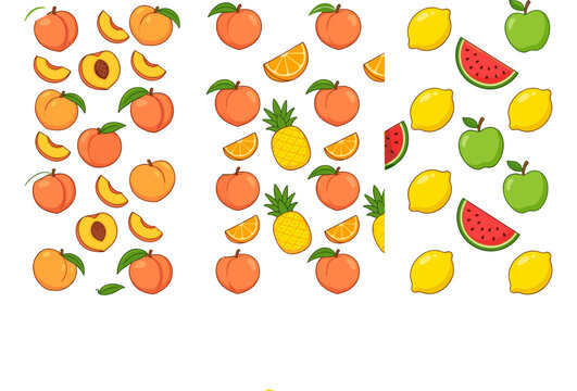 Collection of Fresh Tropical Fruit Patterns Featuring Peaches Pineapples Lemons Watermelons and Green Apples for Summer Textiles Wallpaper Packaging and Healthy Food Website Backgrounds