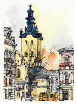 Old architecture. City center. Cityscape. Ancient temple with bell tower. Old Downtown. Watercolor drawing. Street with Tram