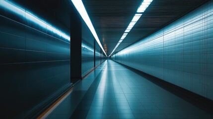 Fototapeta premium Empty subway tunnel with modern blue lighting and futuristic perspective