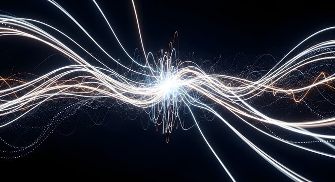 Bright glowing energy waves and digital particle streams. Abstract quantum physics and frequency visualization. Light trails colliding in dark cyberspace.