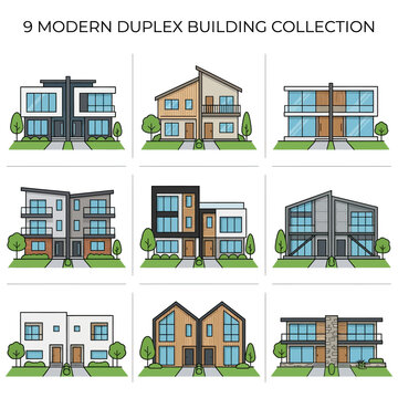 9 collection house set showing various modern duplex building designs