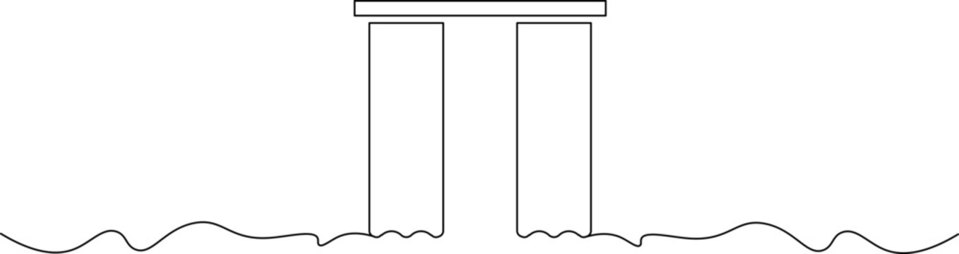 A minimalist line drawing of a simple structure with two pillars in the water