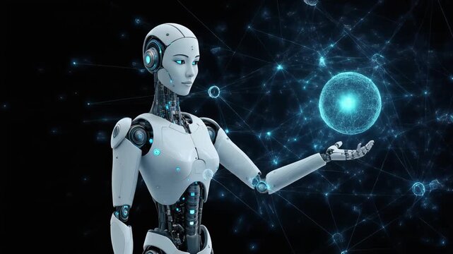 Female Cyborg Robot Extending Hand with AI Neural Network and Alpha Channel Animation 4k