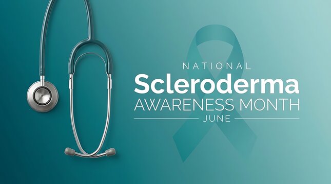 National scleroderma awareness month June teal ribbon and stethoscope medical symbol for health care awareness campaign support and information.