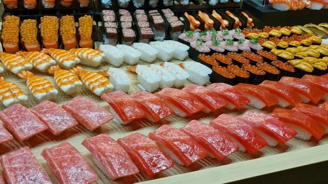 Different Types of Sushi Meals on Display in Traditional Japanese Shopping Street, Close Up