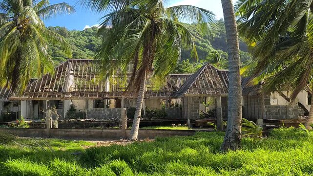 Abandoned Tropical Resort on Bora Bora Island, French Polynesia. Buildings in Decay and Green Landscape