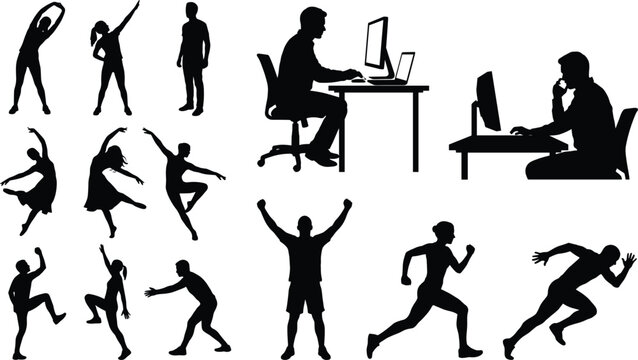 People silhouettes set with office workers at computers fitness exercises running dancing and active lifestyle poses