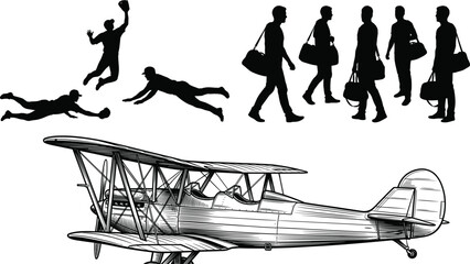 Sports action and travel silhouettes set with diving athletes walking passengers and vintage biplane airplane illustration © MBSHOFIQ