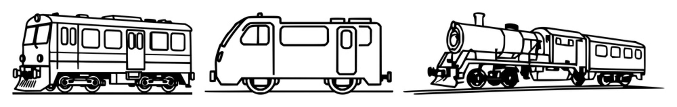 Train set with black line art on white background featuring train icon, rail, transportation with silhouette and single line