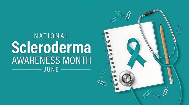 National scleroderma awareness month June graphic with stethoscope notebook pencil and scattered paper clips.